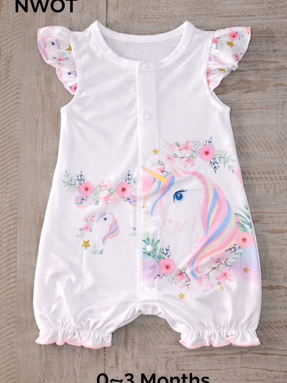 White Pink Unicorn Floral Romper Sleeveless Ruffle Crew Neck 0-3 Months NWOT
